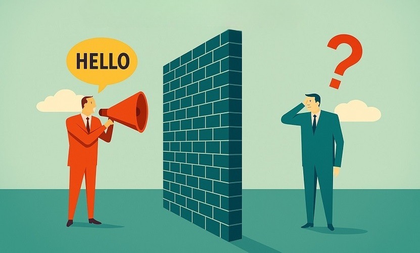 Illustration showing one person shouting 'hello' through a megaphone at a brick wall, while another person looks confused on the other side, symbolizing a language barrier without on-site interpretation