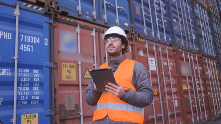 A worker inspects shipping containers with a clipboard, highlighting safety and quality standards in commercial transport