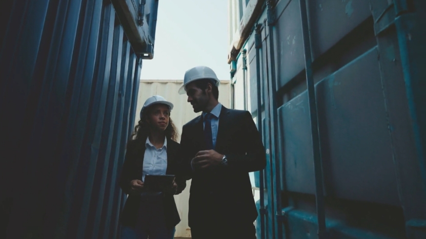 Two inspectors in hard hats discuss container checks