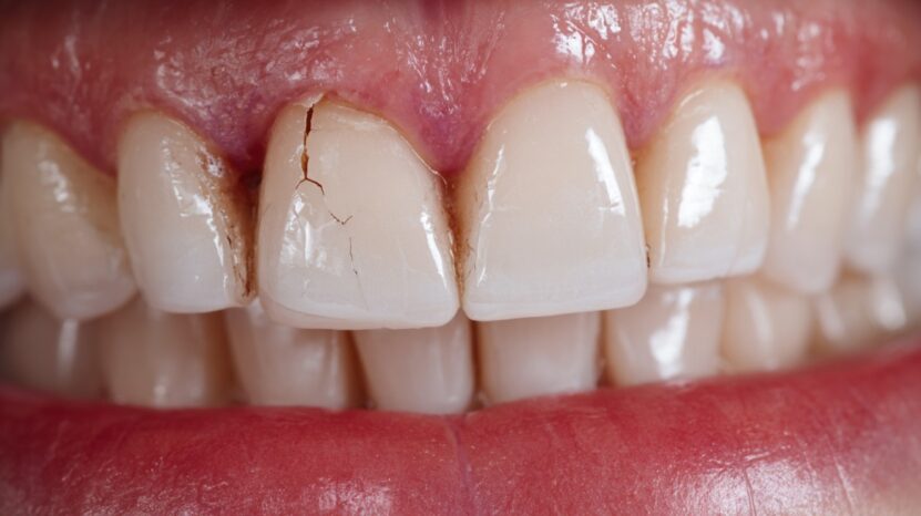 Close up of front teeth showing visible cracks and damage to veneers or crowns near the gumline