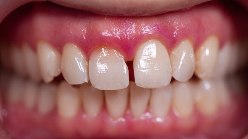 Close up of front teeth showing a visible gap and signs of a lost filling or failed dental restoration near the gumline