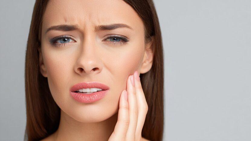 Woman holding her cheek with a pained expression, suggesting severe tooth discomfort after a dental procedure