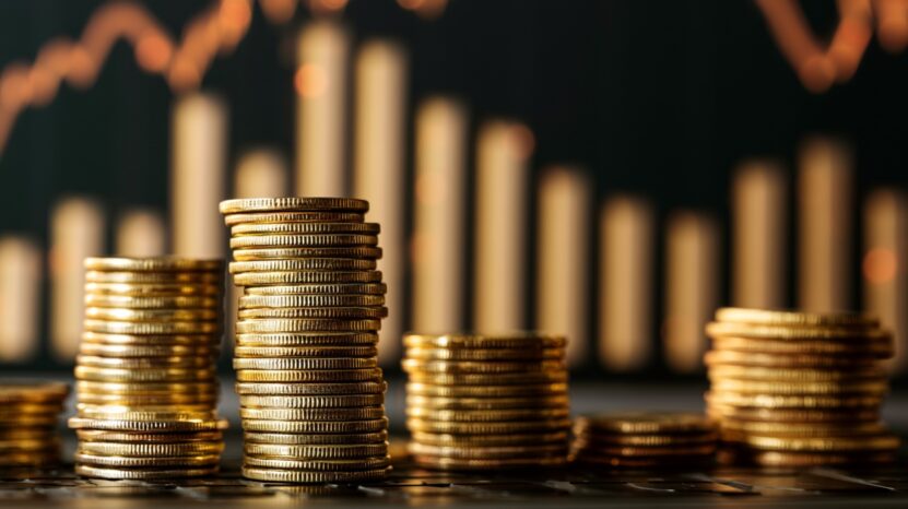 Stacks of gold coins in front of financial charts representing finance, economics, and investment growth