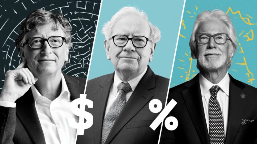 Portraits of three billionaire investors with dollar and percentage symbols representing wealth and investing