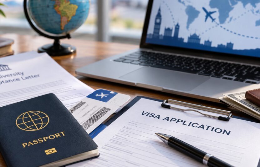 Student visa application with passport, university acceptance letter and financial documents