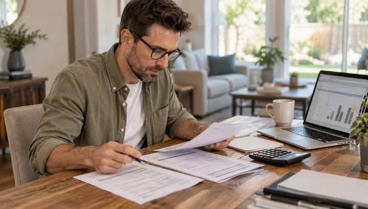 Homebuyer comparing mortgage documents and closing costs before purchasing a property.